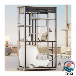キャットハウス パノラマキャットヴィラ高級ガラス猫ルーム大型木製猫ケージ猫ハウスホーム猫キャビネット自動猫トイレを置くことができます キャット ヴィラ