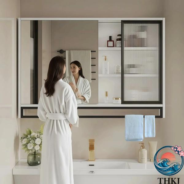 洗面化粧台 防水ミラーキャビネット 収納増設 ストレージ付き ガラスドアとタオル掛け付き 無垢材の板...