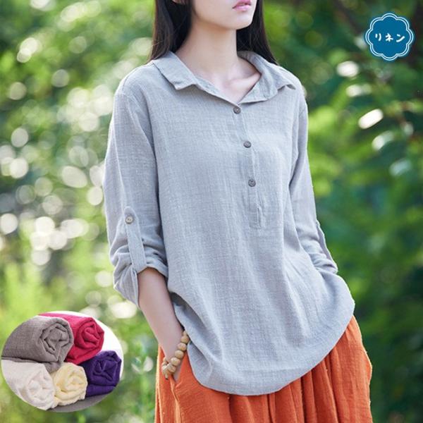 レディース サマーブラウス コットン リネン 半袖  ブラウスプルオーバー ガーゼ スラブ 薄手 綿...