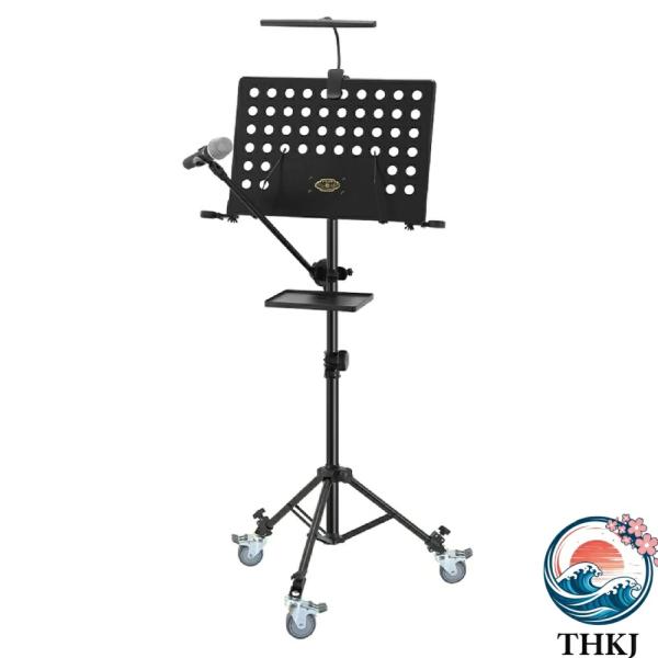 譜面台 軽量 コンパクト 車輪 トレイ ライト ラック付き 楽譜スタンド 高さ調整80-165cm ...