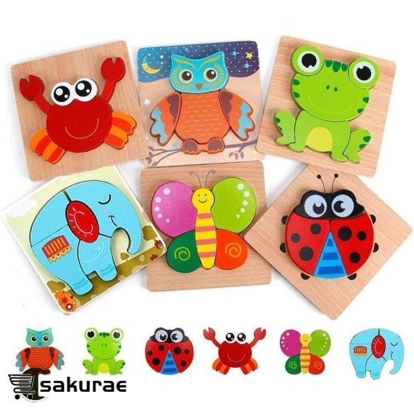 6個 木製パズル モンテッソーリ教育おもちゃ 幼児用木製ジグソーパズル1 2 3歳、色の形認知スキル...