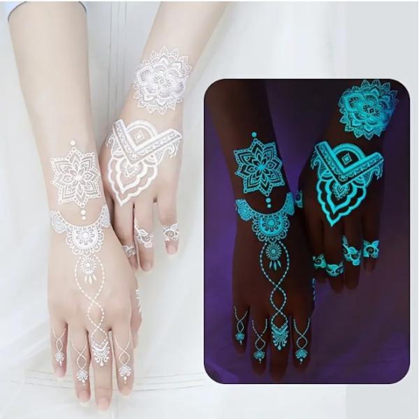 タトゥーシール　12枚 ブルー発光蝶タトゥーステッカー 暗闇で光る 蝶の羽 羽 鹿の花柄 肩、指、手...