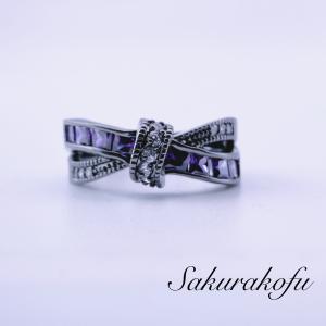 レディース 指輪 ブラック リング アメジスト キュービックジルコニア クロスリボンリング 韓国ファッション 原宿系ファッション(D130)