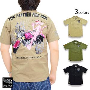 ピンクパンサー×フラッグスタッフ半袖ワークシャツ Flagstaff 422075 フラグスタッフ 刺繍 バイカー｜sakurastyle