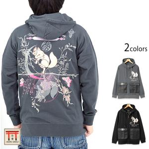 【中古】コンジャク 今昔 KON-JAKU スウェットパーカー ジップアップ 和柄刺繍 菖蒲 月見 狐 蝶 ロゴ XL 黒 コンジャク 今昔 KON-JAKU スウェットパーカー ジップアップ 和柄刺繍