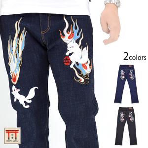 羽根の刺繍デニムパンツ 今昔 KJ-29044 和柄 和風 ジーンズ 狐 きつね