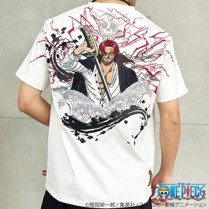 絡繰魂×ONE PIECE 赤髪のシャンクス 刺繍半袖Tシャツ 絡繰魂 242002 和柄 ワンピース｜sakurastyle