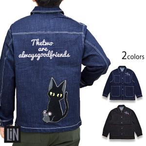 ラミ＆アール 一寸法師長袖Tシャツ LIN AL-75613 黒猫 ネコ ネズミ 和