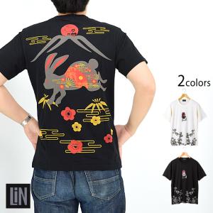 黒菟華 梅黒兎華半袖Tシャツ LIN AL-758012 和柄 和風 兎 うさぎ ウサギ 刺繍｜sakurastyle