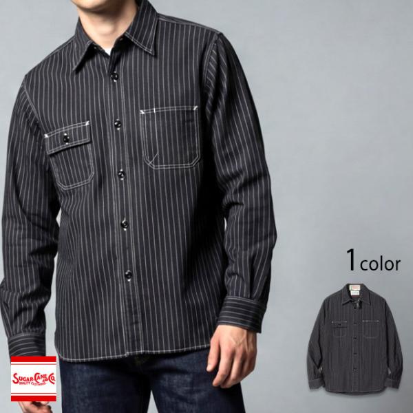 8.5ozブラックウォバッシュストライプ長袖ワークシャツ SUGER CANE SC29585 シュ...