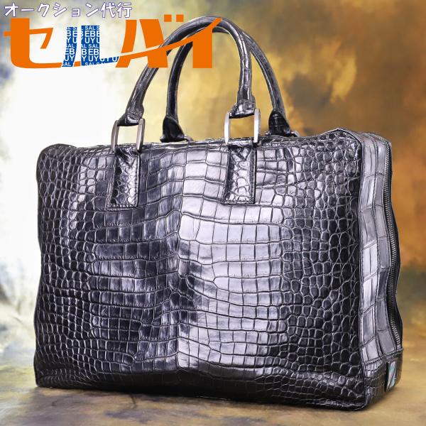 本物 超美品 ゼルパリ 特注品 螺鈿装飾 ポロサスクロコダイルレザー二層ビジネスバッグ ブラック A...
