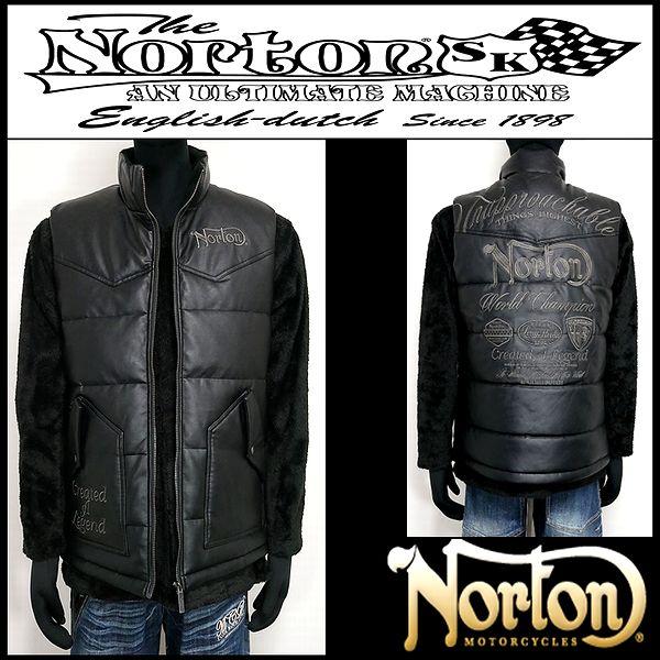Norton ノートン 服 ジャケット PUレザーMAXステッチ中綿ベスト ブラック Ｌサイズ 25...