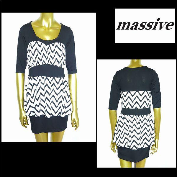 ワンピース/ぺプラム型5分袖ワンピース/ホワイト×ブラック/フリーサイズ/AC2100