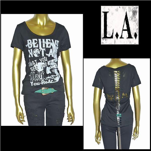 Tシャツ/レディース/バッククロス編み上げドクロTシャツ/ブラック/フリーサイズ/LA210358