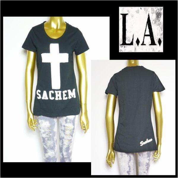 Tシャツ/レディース/クロスプリントTシャツ/ブラック/フリーサイズ/LA213455