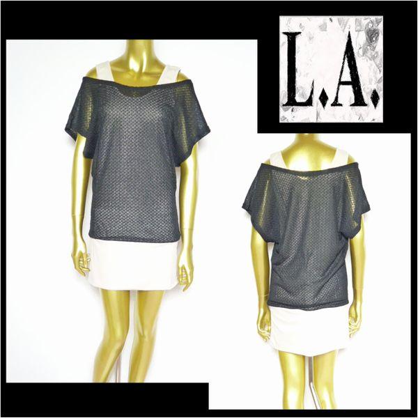 ワンピース/カギ編みトップス付タンクワンピース/ブラック×ベージュ/フリーサイズ/LA219015