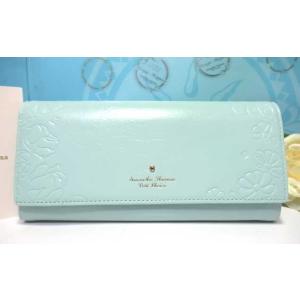 送料無料 サマンサタバサ ロゴ入り 牛革 フラワー お花 型押 かぶせ 長財布 ミントブルー  新品 証明書付 ギフト包装無料 開運 金運up 春財布 プチチョイス
