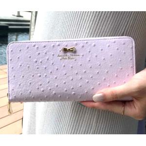 送料無料 サマンサタバサ フラワー リボン 金具付 オーストリッチ 型押 牛革 ラウンドジップ ファスナー 長財布 ラベンダー 新品 証明書付 包装無料 開運 金運up
