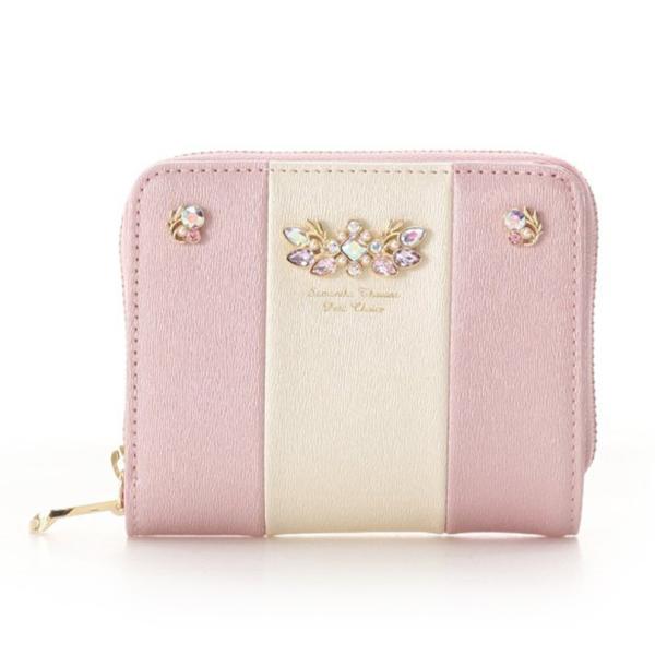 送料無料 サマンサタバサ 限定 キラキラ ビジュー付 ロゴ入 バイカラー 本牛革 二つ折り財布 折財...