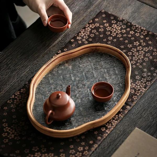 トレー 茶席トレイ ガラス 胡桃の木 木製 お盆 昭和 おしゃれ インテリア小物入れ 茶道具 急須受...