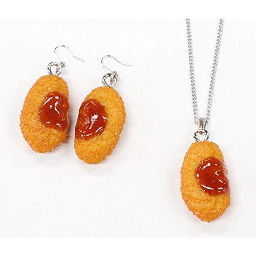 食品サンプル　ネックレス・ピアスセット（シルバー）　トンカツ　楕円　ミニチュア