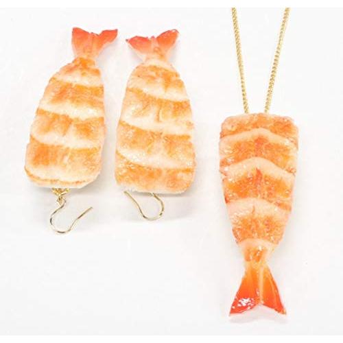食品サンプル ネックレス・ピアスセット（ゴールド） ミニチュア寿司（海老）