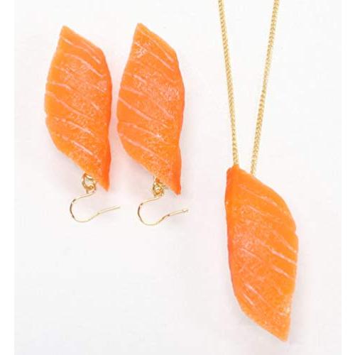 食品サンプル ネックレス・ピアスセット（ゴールド） ミニチュア寿司（サーモン）