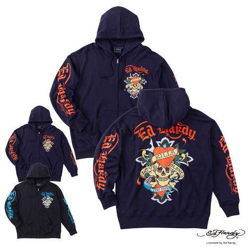 大きいサイズ 裏毛刺繍&amp;プリントフルジップパーカー ED HARDY エドハーディ メンズ 3L 4...