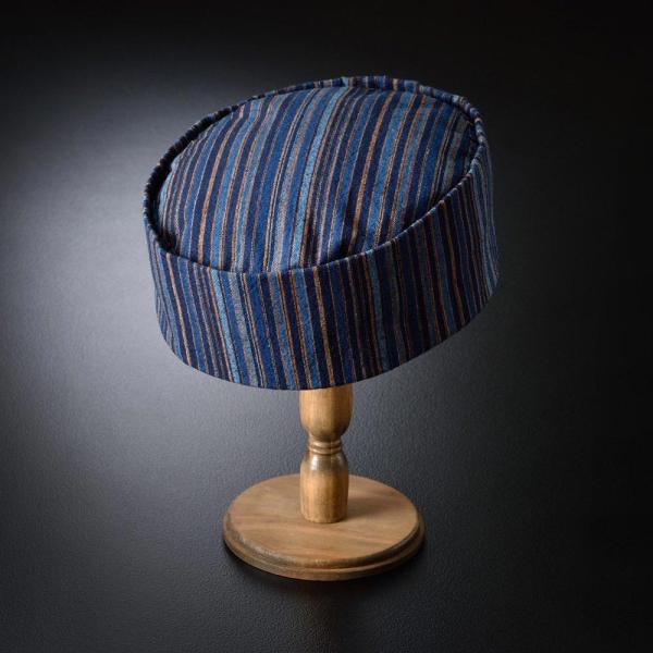 藍染柿渋縞柄 利休帽 藍染 柿渋染め L