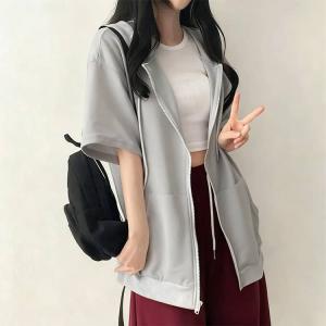 半袖 パーカー ジップアップ 前開き スウェッ...の詳細画像1