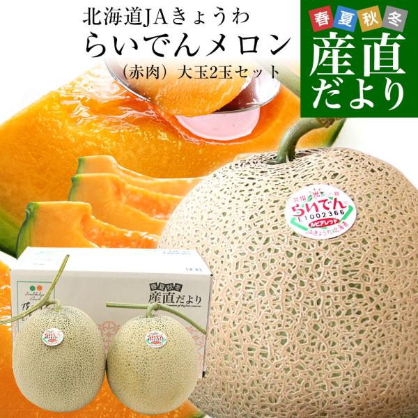 北海道産 JAきょうわ らいでんメロン（赤肉）大玉2玉セット　約3キロ（1玉1.5キロ前後） 送料無...