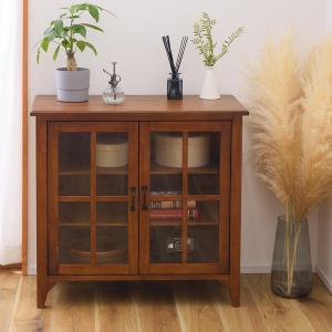 キャビネット 両開き ガラス扉 天然木 エスニック調 Timber 幅80cm