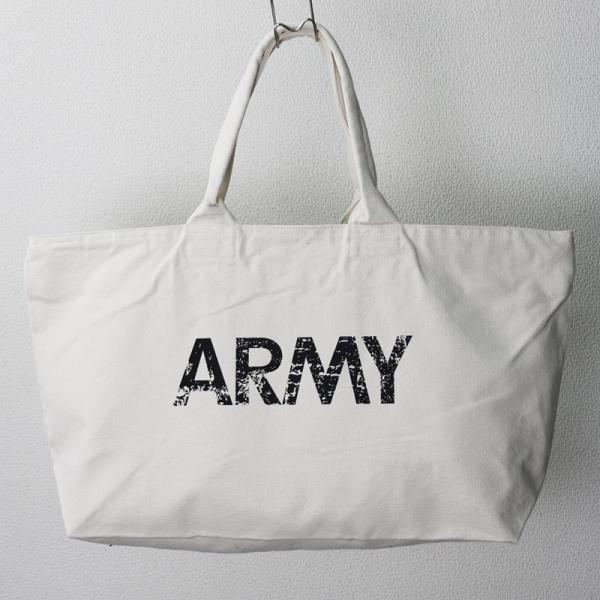 ARMY Print ヘヴィー キャンバス ジップトートバッグ US 新品 大きい 白 ホワイト フ...
