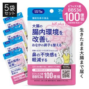 ビフィズス菌 BB536 100億個 生きて 腸まで届く 生菌 腸内環境 を改善 花粉 ホコリ ハウスダスト による鼻の不快感 軽減 ビフィプラス100 31粒 5袋 約5ケ月分｜sangakushop