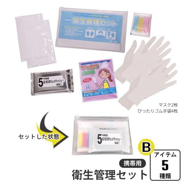 衛生管理セット 携帯用 ケース入り 5種類 綿棒 ウェットティッシュ マスク 手袋 衛生管理 衛生的...