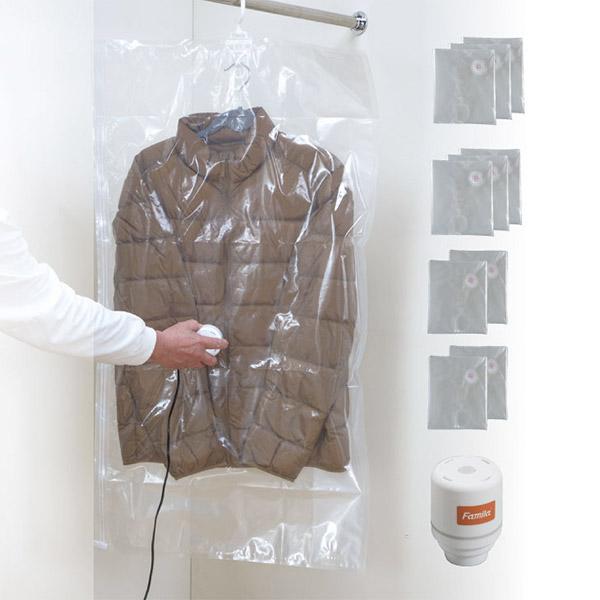 ファミリー・ライフ ファミラ 掃除機のいらない吊るせる衣類圧縮袋11点セット 吸引機+圧縮袋（ショー...