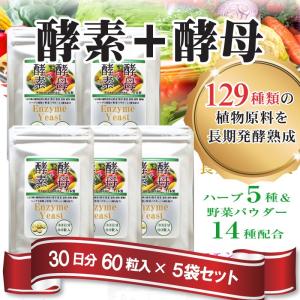 酵素＋酵母 サプリメント 60粒入【 5袋セット 】129種の醗酵熟成酵素と野菜パウダー14種 ハーブ5種も配合 ダイエット　送料無料