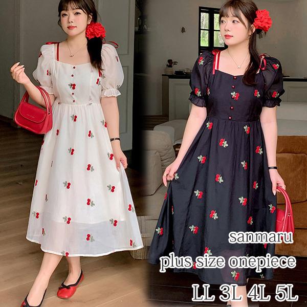 大きいサイズ ワンピース 夏服 チェリー刺繍 スクエアネック 半袖 LL 3L 4L 5L 即納