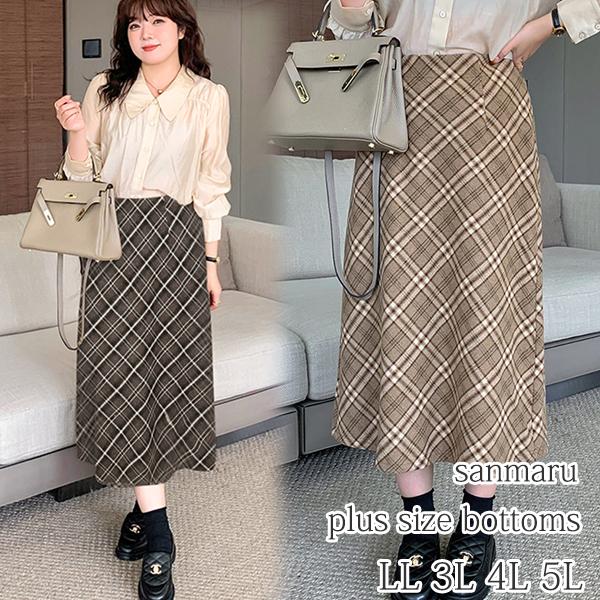 大きいサイズ ボトムス ハイウエスト シンプル Aライン ウールライク チェック柄 冬服 LL 3L...