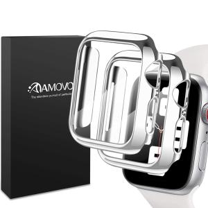 AMOVO Apple Watch 44mm 用 ケース Series4/Series5/Series6/SeriesSE 光沢のシルバー枠2個入り