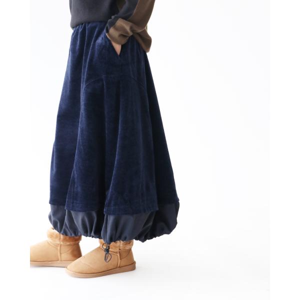 フレアにもつぼみにもできる 異素材スカート スカート ベロア フレアスカート ウエストゴム ポケット...