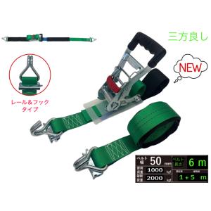 ラッシングベルト レール＆フック仕様 幅50mm 破断荷重2000kg 固定側1m 巻側5m 新タイプ荷締機ベルト収納式 ラッシングベルト 50mm幅 RJフック ラチェット