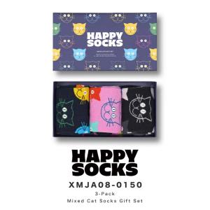 Happy Socks ハッピーソックス 靴下 レディース メンズ ソックス おしゃれ 3足セット ギフトボックス 可愛い クルー丈 カジュアル ギフト ネコ 猫 ブラック 黒｜sansuiya