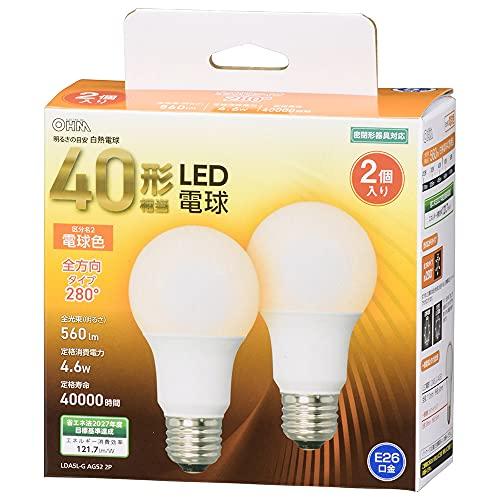 オーム電機 LED電球 E26 40形相当 電球色 全方向 2個入 LDA5L-G AG52 2P ...