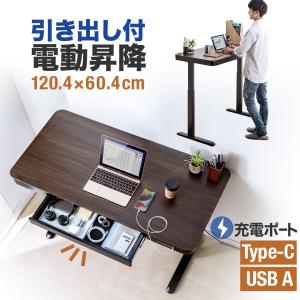 スタンディングデスク 電動昇降デスク 昇降机 昇降式 幅120cm 奥行60cm 引き出し付き USB Type-C USB A 充電機能付き パソコンデスク 100-ERD039M｜サンワダイレクト