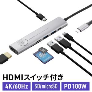 ドッキングステーション USB Type-C 画面ON/OFFスイッチ付き HDMI 4K/60Hz USB PD100W対応 USB 5Gbps カードリーダー ケーブル一体型 400-HUBCP31GM｜sanwadirect