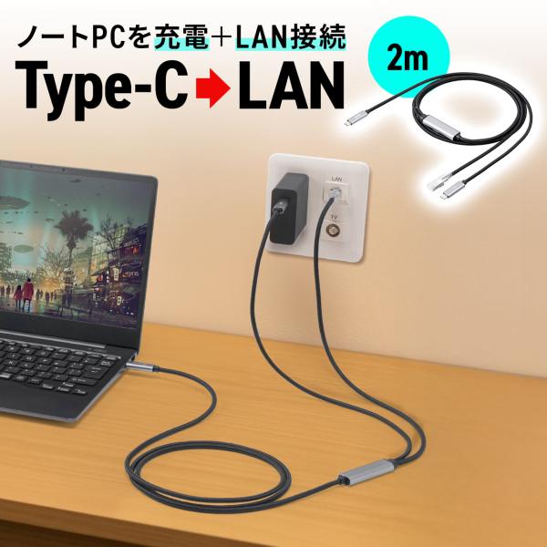 USB Type-C USB-C LAN 変換ケーブル 2m カテゴリ6 RJ45 PD100W C...