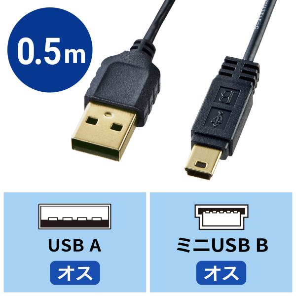 極細ミニUSBケーブル ミニBタイプ ブラック 0.5m（KU-SLAMB505BKK）