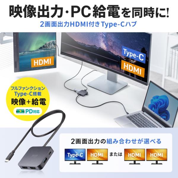 USB-Cハブ 2画面出力 HDMI×2 Type-C映像出力可能 マルチディスプレイ 4K/60H...