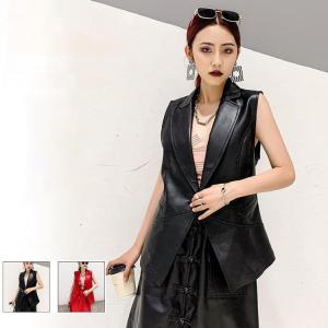 レザーベスト 合皮 ロングベスト レディース ジレ ベスト フェイク 